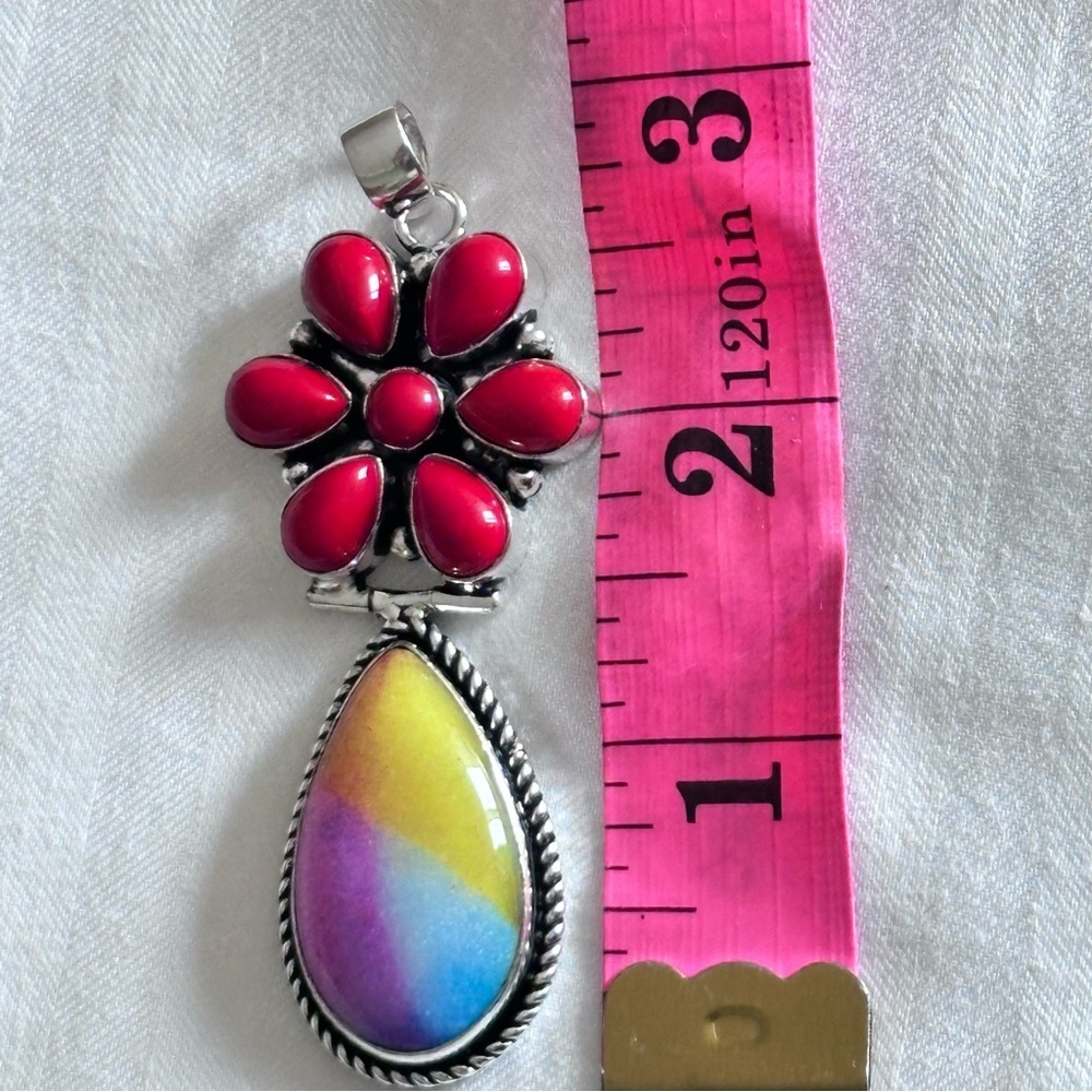 Artisan Jewelry Red Coral Floral Pendant with Multicolor Teardrop Handcrafted - Picture 11 of 15